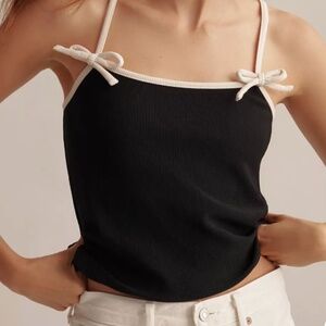 Anthropologie Blue Tassel Ribbed Bow Cami in Black